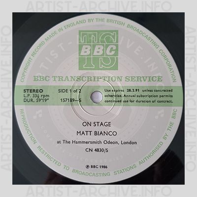 Matt Bianco - BBC Transcription Service - On Stage